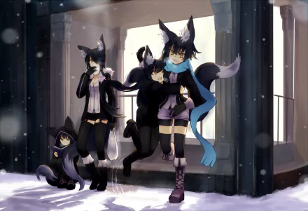 Anime-style original HD PC desktop wallpaper featuring three humanoid characters with fox ears and tails, and a fox sitting in snowy urban scenery.