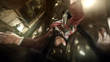 Dishonored 2 video game 2K Quad HD PC Desktop Wallpaper and Background: inverted masked figure in a red coat tumbling through a dim, ornate chamber, dramatic motion blur and lighting.