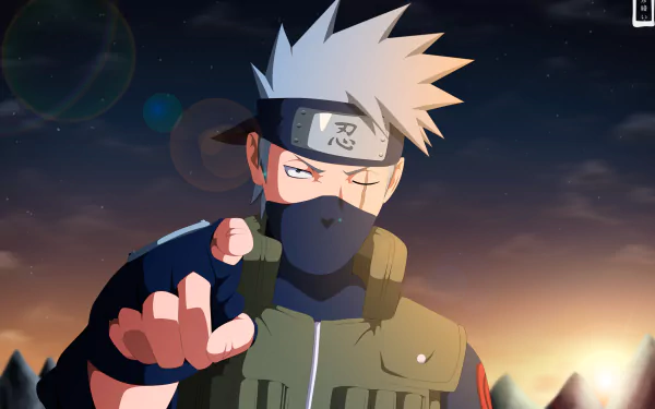 HD desktop wallpaper featuring Kakashi Hatake from the anime Naruto, with a dramatic evening sky in the background.
