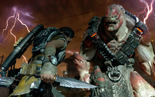 Kait Diaz faces a formidable enemy in this Gears of War 4 HD wallpaper, featuring intense action amidst a dramatic lightning-filled backdrop.