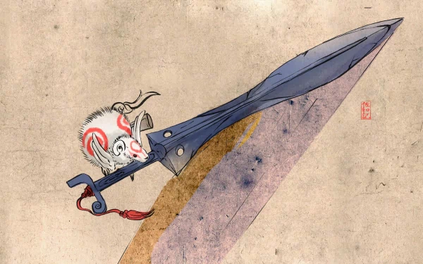 An HD PC desktop wallpaper from the video game Ōkami, featuring a playful creature perched on a beautifully designed sword against a textured background.