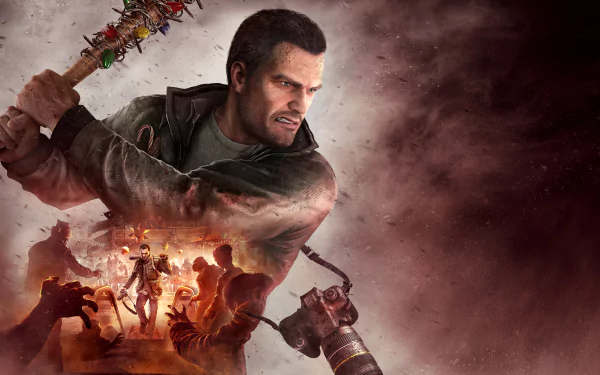 Dead Rising 4 video game 2K Quad HD PC desktop wallpaper and background: protagonist swings a spiked bat and fires a nail gun amid a burning horde of zombies.