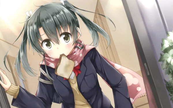 Anime-inspired HD wallpaper featuring Zuikaku from Kantai Collection, showcasing a young girl with black hair and a playful expression, dressed warmly and stepping into a cozy environment.