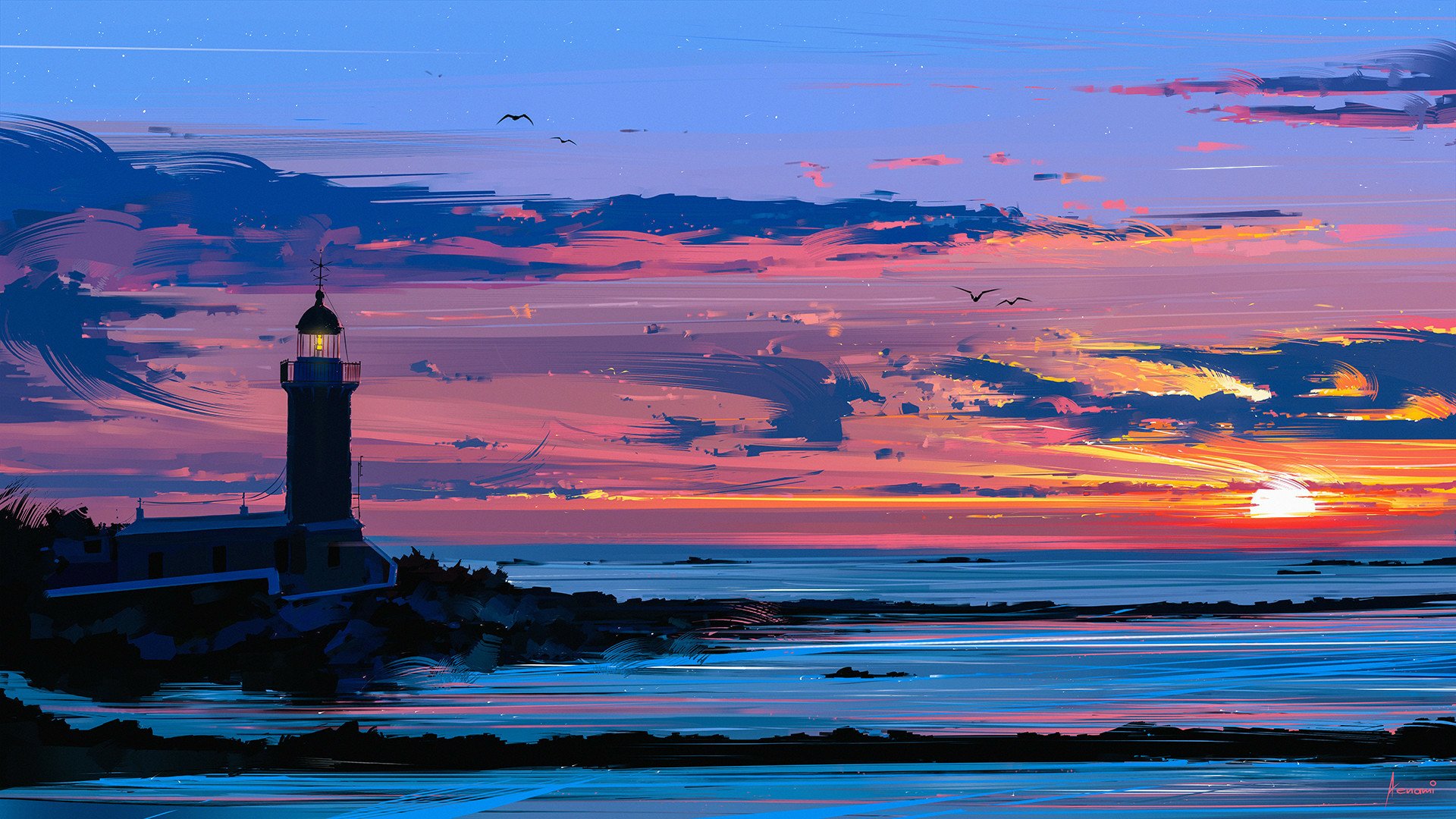 A stunning artistic painting of a lighthouse against a vibrant sunset sky, with clouds reflecting colorful hues over the calm ocean, creating a serene horizon landscape.