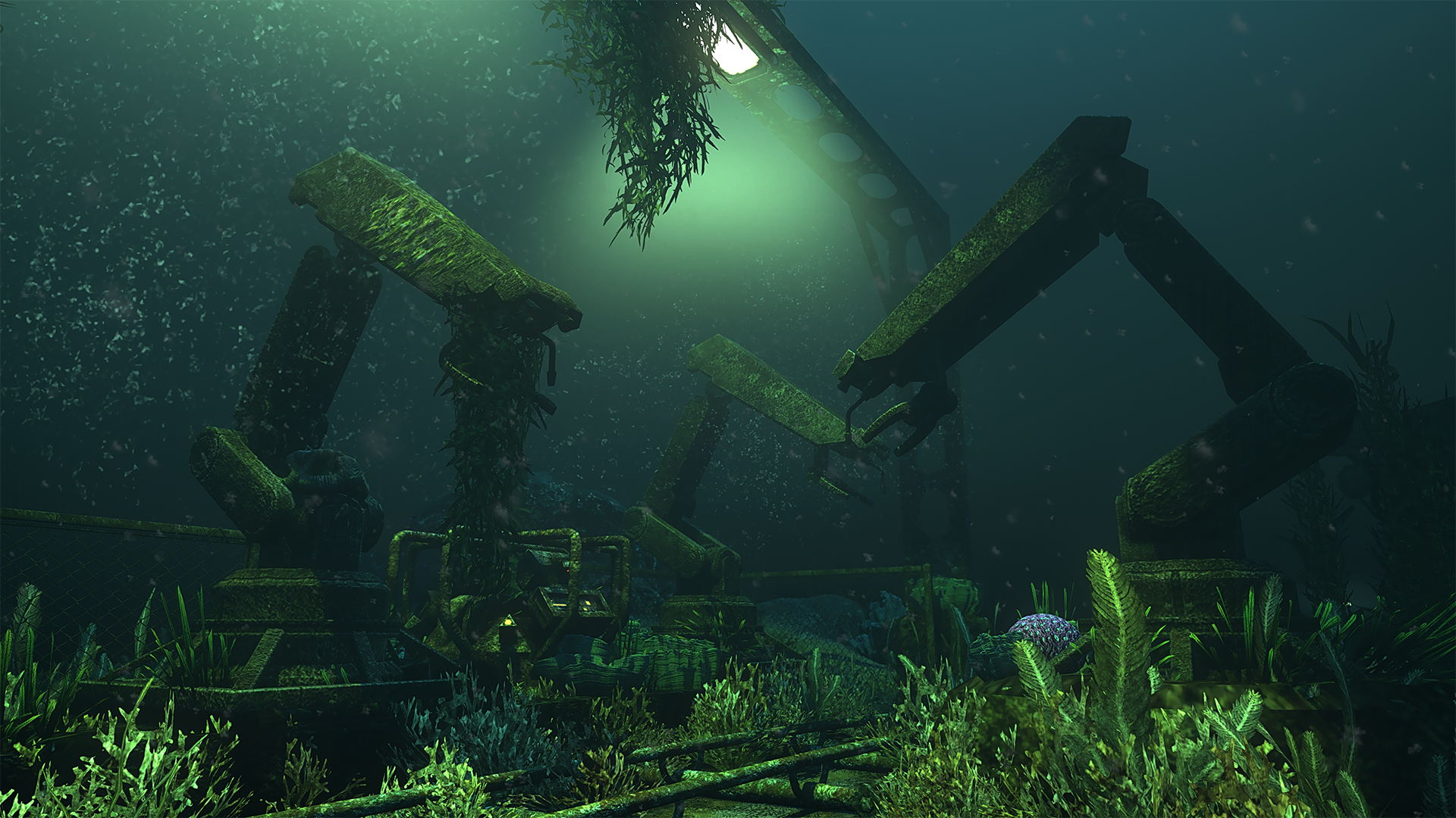HD PC desktop wallpaper from the video game SOMA, depicting an eerie underwater scene with robotic arms covered in moss and illuminated by a greenish light.