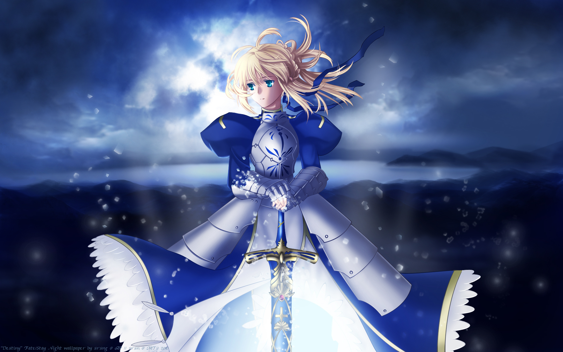 HD anime desktop wallpaper featuring Saber from Fate/Stay Night in armor, holding a glowing sword against a dramatic night sky backdrop.