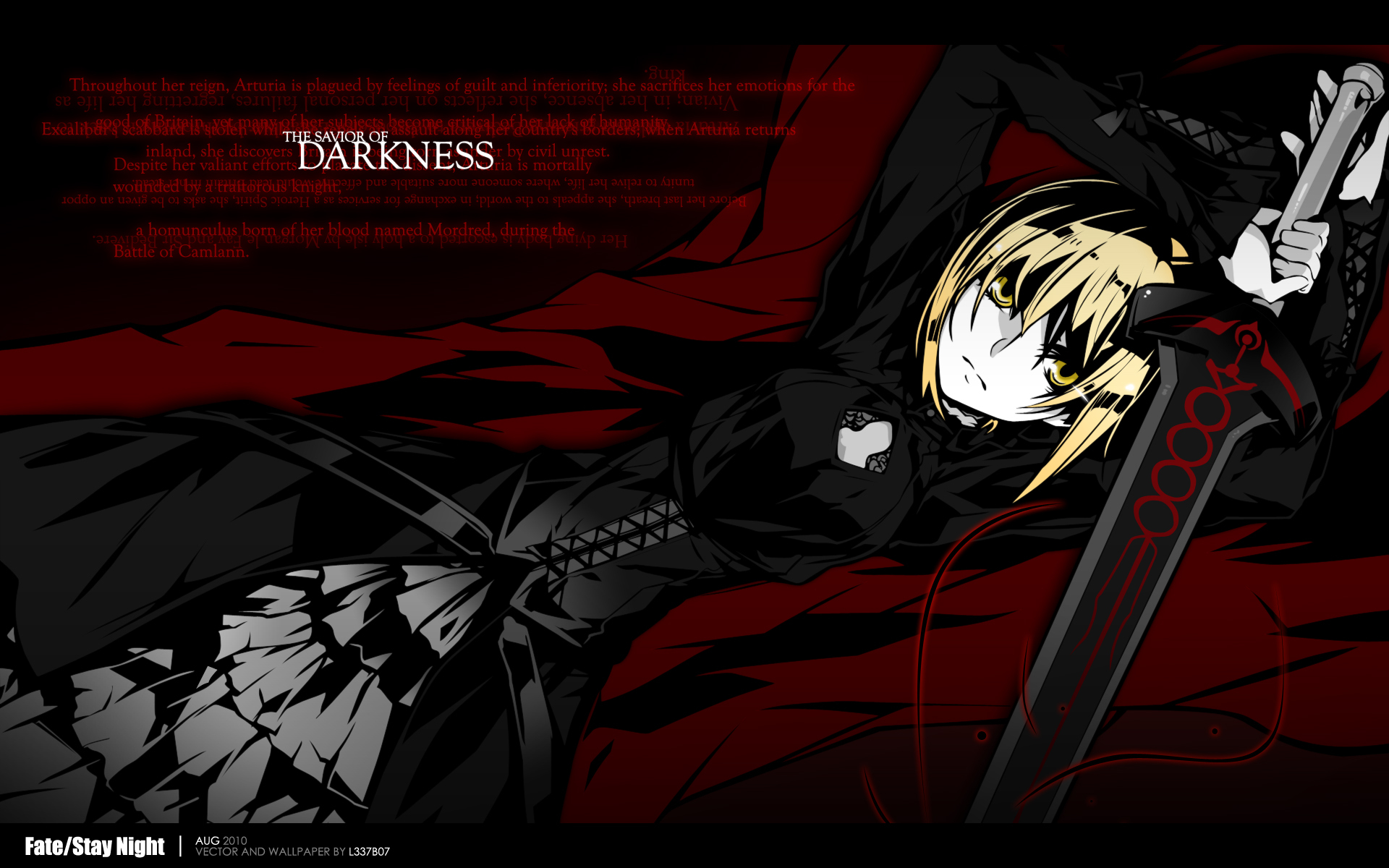 HD anime desktop wallpaper featuring a dark-themed Fate/Stay Night character in black attire holding a large sword against a red and black background.