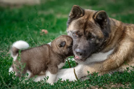 2K Quad HD PC desktop wallpaper/background of an Akita dog and puppy on green grass, a tender baby animal moment.