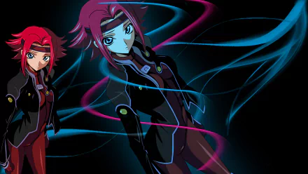 HD PC desktop wallpaper featuring Kallen Kōzuki from the anime Code Geass with dynamic blue and pink swirling light effects on a dark background.