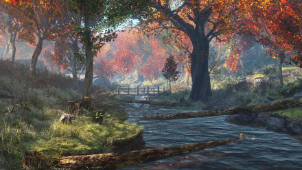 A vibrant scene from Fallout 4 featuring a serene river flowing through autumnal trees, with bright foliage and a wooden bridge, creating a stunning HD desktop wallpaper.