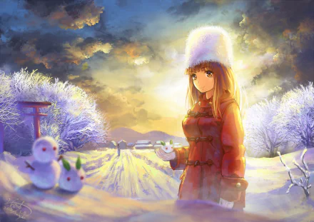 HD anime-style original desktop wallpaper featuring a girl in a red coat and white hat standing in a snowy landscape with snowmen and a bright, colorful sky.