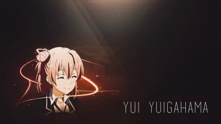 HD wallpaper featuring Yui Yuigahama from the anime My Teen Romantic Comedy SNAFU, showcasing her cheerful expression against a dark background with dynamic light effects.