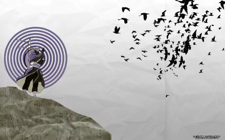 HD PC desktop wallpaper featuring Obito Uchiha from Naruto, standing on a cliff with a circular pattern behind him and a flock of birds flying nearby.