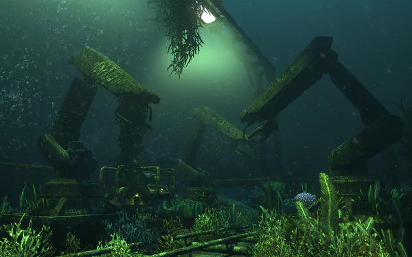HD PC desktop wallpaper from the video game SOMA, depicting an eerie underwater scene with robotic arms covered in moss and illuminated by a greenish light.