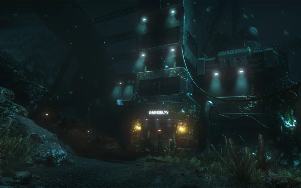 HD PC desktop wallpaper from the video game SOMA, depicting a dark, eerie underwater facility illuminated by dim blue lights.