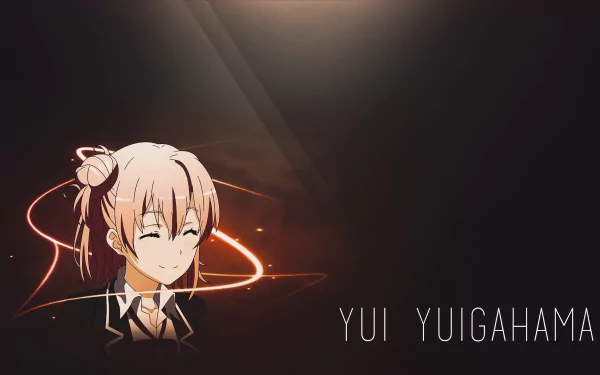 HD wallpaper featuring Yui Yuigahama from the anime My Teen Romantic Comedy SNAFU, showcasing her cheerful expression against a dark background with dynamic light effects.