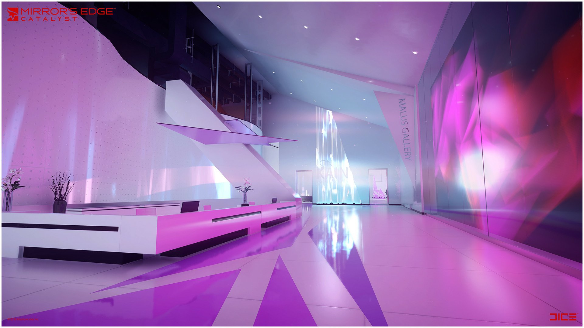 HD PC desktop wallpaper from the video game Mirror's Edge Catalyst: glossy futuristic interior in pink and purple neon, sleek white architecture and reflective floors.