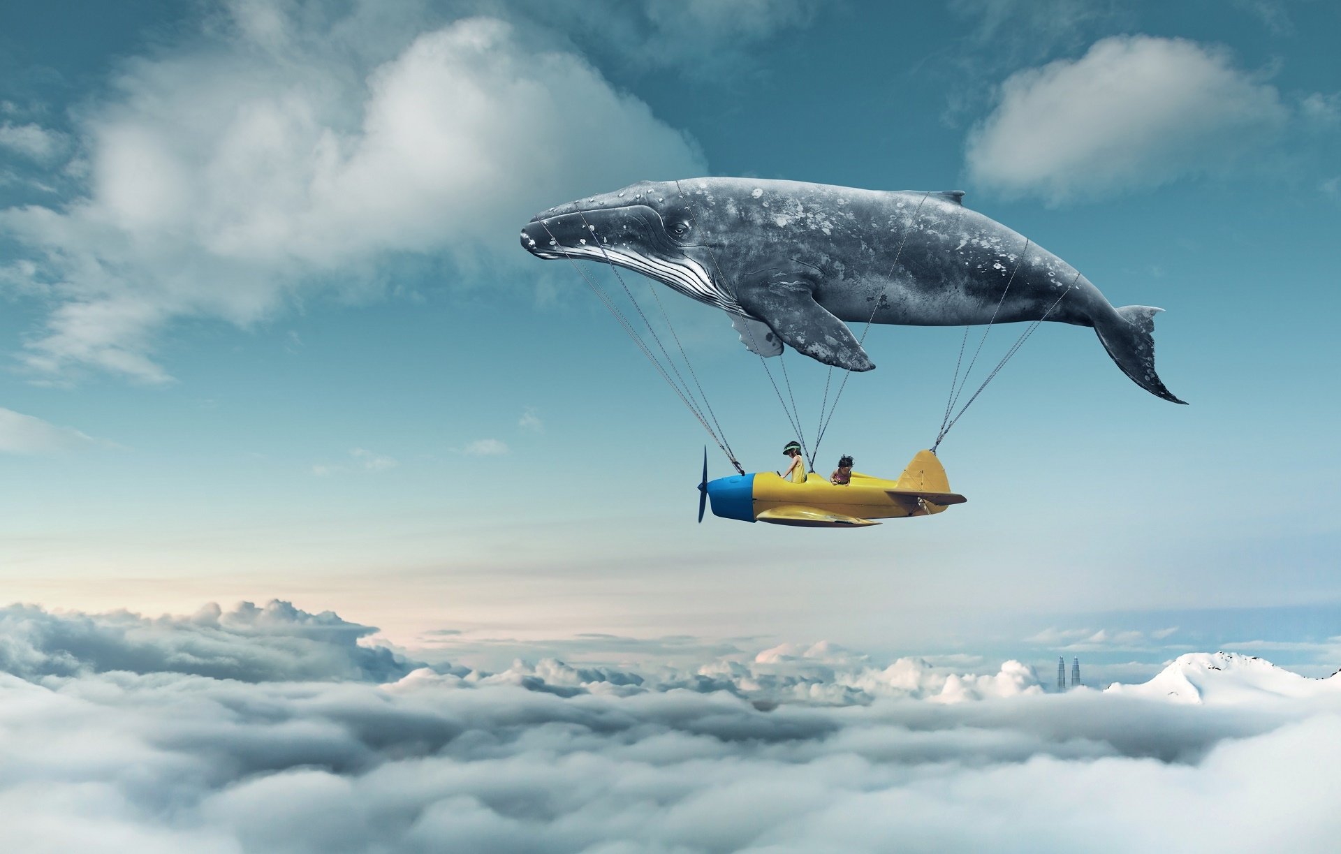 Artistic dream HD PC desktop wallpaper and background: a giant whale floating above clouds, towing a small yellow seaplane-style gondola carrying two passengers through a serene sky.