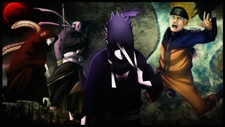 A vibrant HD wallpaper featuring Kabuto Yakushi, Obito Uchiha, Sasuke Uchiha, and Naruto Uzumaki from the anime Naruto, showcasing intense expressions and dynamic poses.