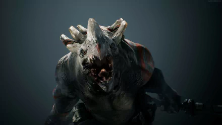 Sinister snarling horned beast from the video game Paragon, armored and baring teeth with a raised weapon against a dark backdrop — 4K Ultra HD PC desktop wallpaper/background.