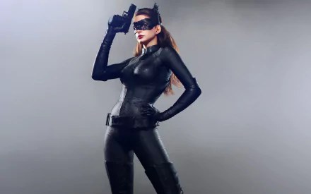 Anne Hathaway as Catwoman in The Dark Knight Rises, striking a fierce pose in a sleek black outfit, holding a gun. An HD wallpaper showcasing her iconic character.