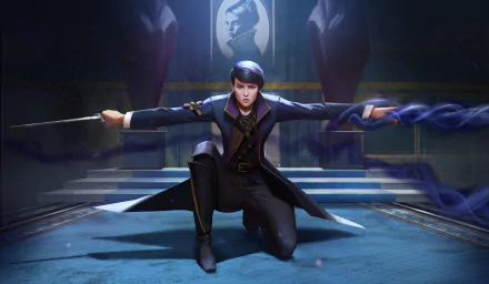 Emily Kaldwin from the video game Dishonored 2 is depicted in this HD PC desktop wallpaper, poised dynamically with a sword and a mystical aura surrounding her.