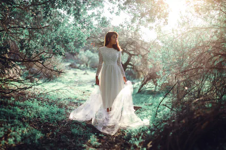 A brunette woman in a flowing white dress stands in a vibrant outdoor setting, surrounded by lush greenery and softly blurred sunlight, capturing a serene mood.
