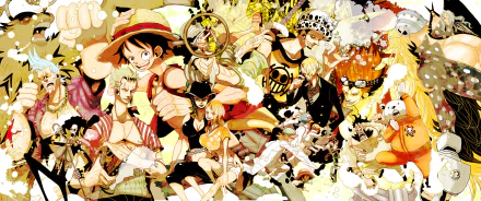 Vibrant HD wallpaper featuring popular One Piece characters including Monkey D. Luffy, Sanji, Nami, and Trafalgar Law, showcasing the adventurous spirit of the anime series.
