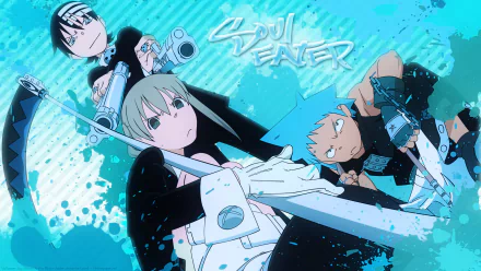 HD PC desktop wallpaper featuring characters from the anime Soul Eater in dynamic poses against a vibrant blue background with the series title.