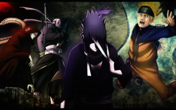 A vibrant HD wallpaper featuring Kabuto Yakushi, Obito Uchiha, Sasuke Uchiha, and Naruto Uzumaki from the anime Naruto, showcasing intense expressions and dynamic poses.