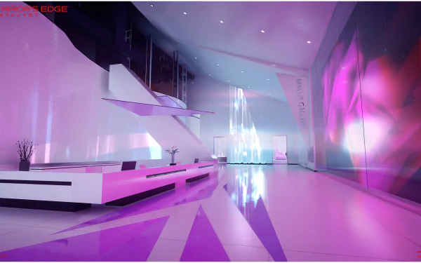 HD PC desktop wallpaper from the video game Mirror's Edge Catalyst: glossy futuristic interior in pink and purple neon, sleek white architecture and reflective floors.