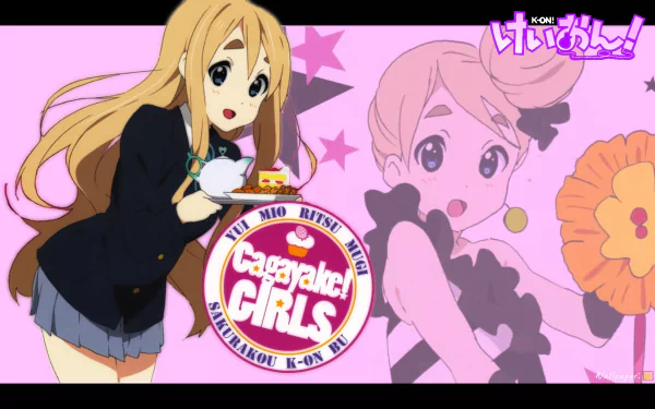 HD PC desktop wallpaper of Tsumugi Kotobuki from the anime K-ON! Blonde in school uniform holding a dessert cup against a pink starry background with the show's logo.