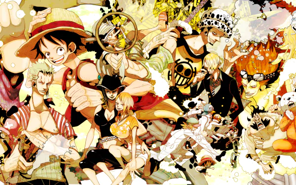 Vibrant HD wallpaper featuring popular One Piece characters including Monkey D. Luffy, Sanji, Nami, and Trafalgar Law, showcasing the adventurous spirit of the anime series.