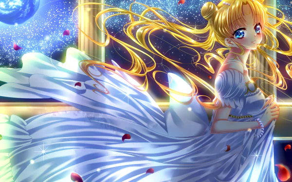 A stunning HD desktop wallpaper featuring an anime character inspired by Sailor Moon, standing gracefully with flowing hair and a beautiful gown, set against a cosmic backdrop.
