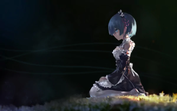 HD wallpaper featuring Rem from Re:Zero - Starting Life in Another World. She has blue hair, wears a black maid dress with thigh highs and a headband, and kneels on a patch of flowers in a dimly lit setting.