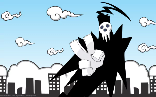 A striking anime wallpaper featuring a character from Soul Eater, against a bright blue sky and city skyline, showcasing vivid colors and dynamic design. 4K Ultra HD quality.