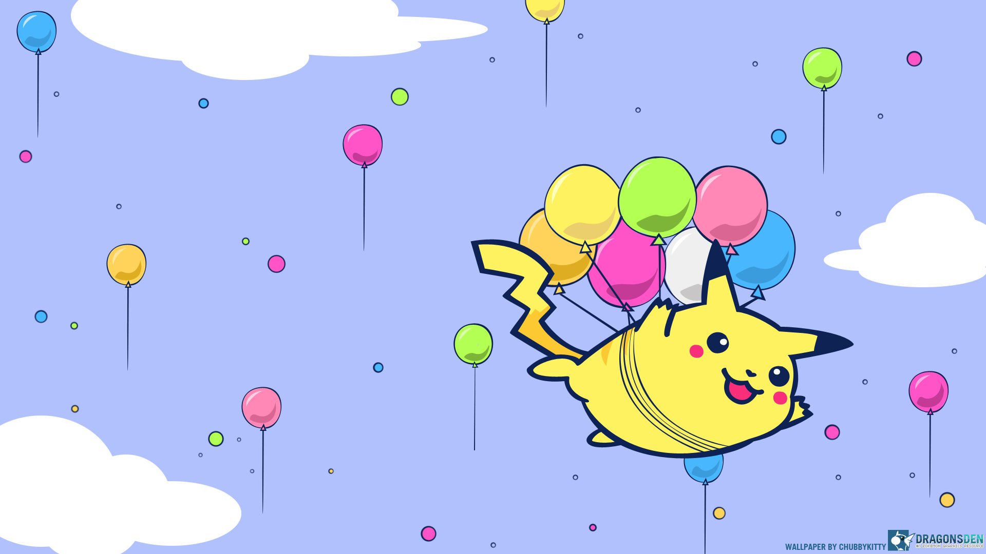 HD PC desktop wallpaper featuring Pikachu from the anime Pokemon, floating joyfully among colorful balloons against a bright blue sky with white clouds.