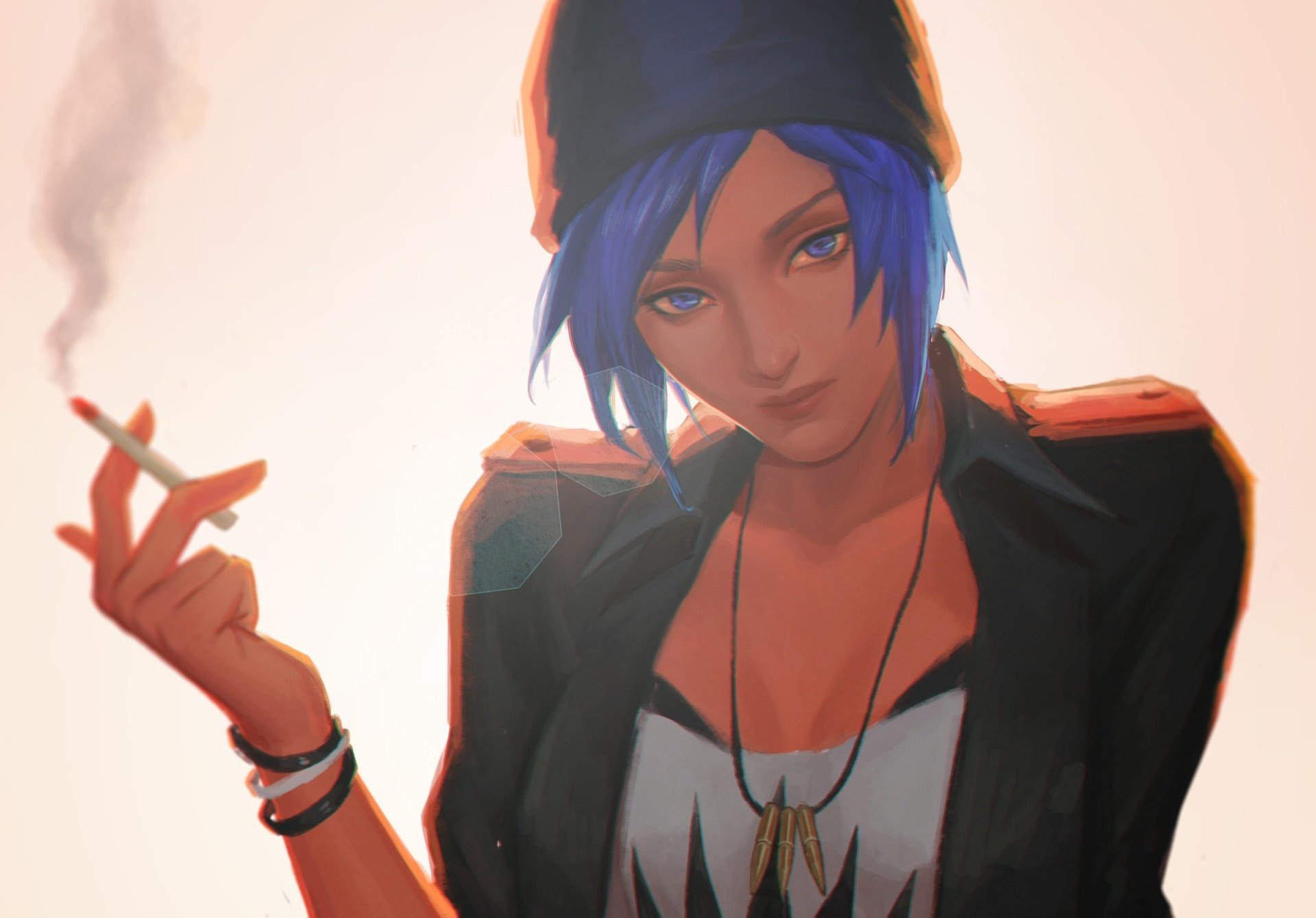 HD PC desktop wallpaper featuring Chloe Price, a character from the video game Life Is Strange, with blue hair and a cigarette against a soft, warm background.