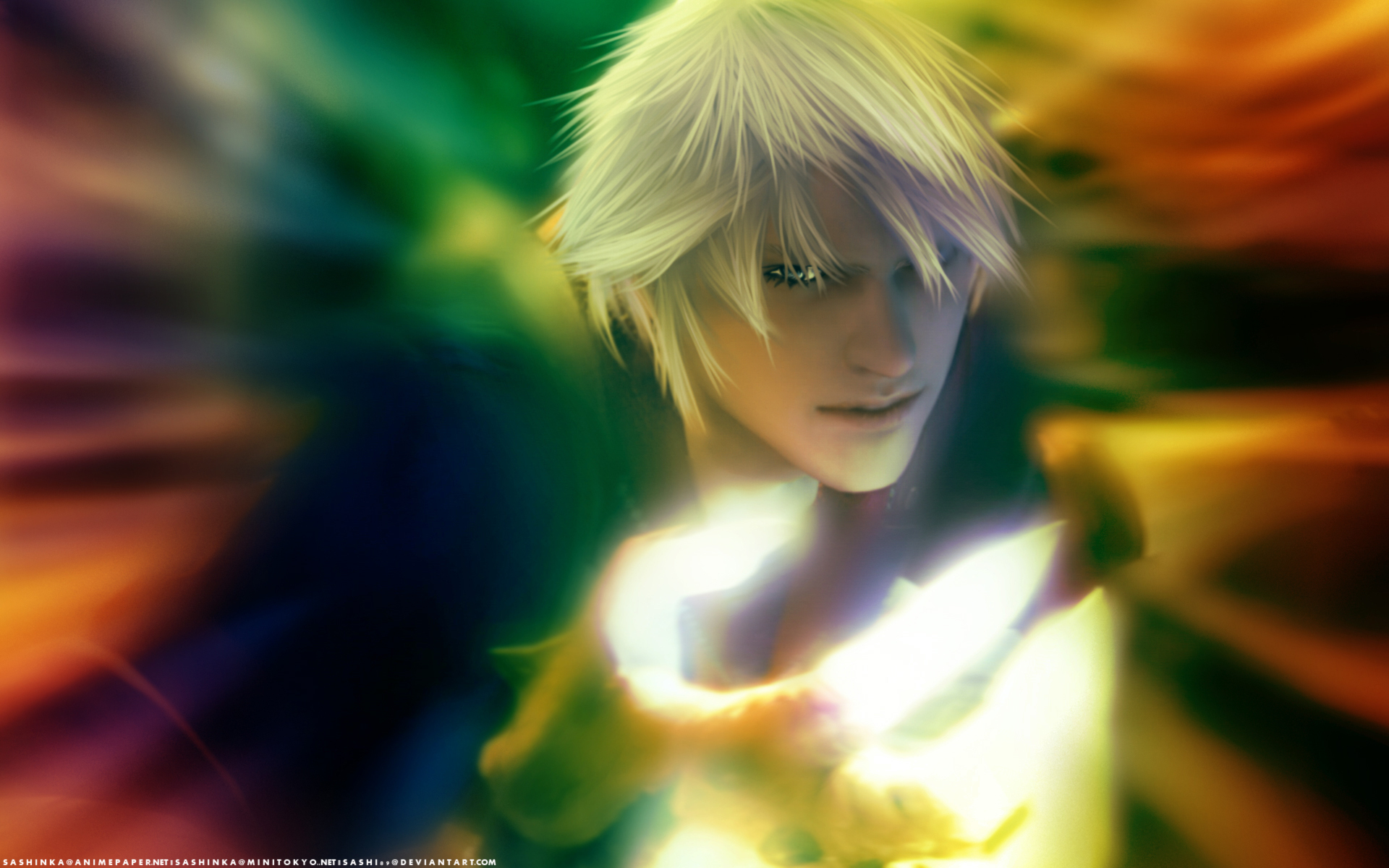 HD PC desktop wallpaper featuring a character from the video game Devil May Cry 4 with glowing effects and dynamic colorful background.