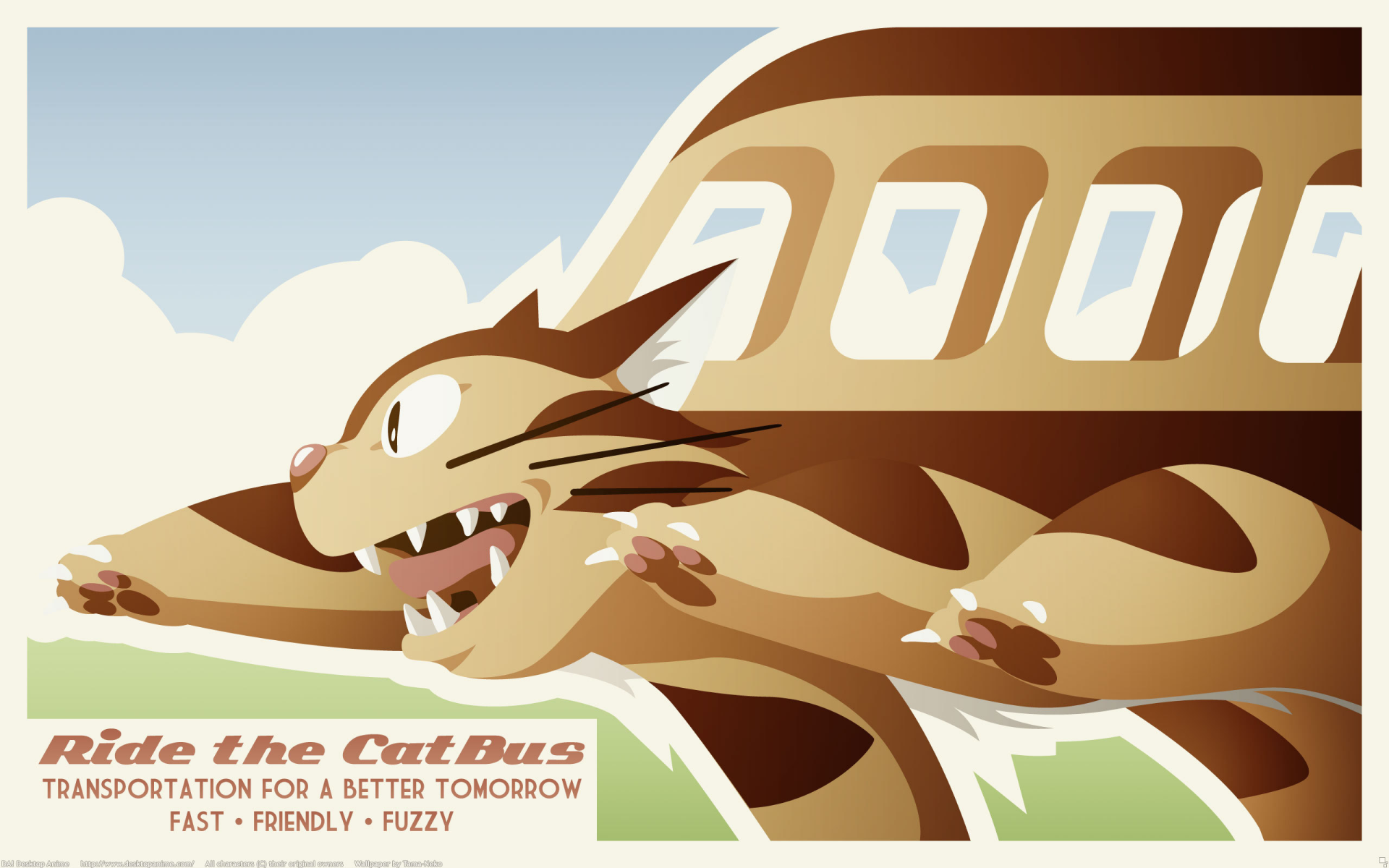 HD PC desktop wallpaper/background of the Catbus from My Neighbor Totoro racing across a sunny sky in anime style, grinning as it leaps forward.