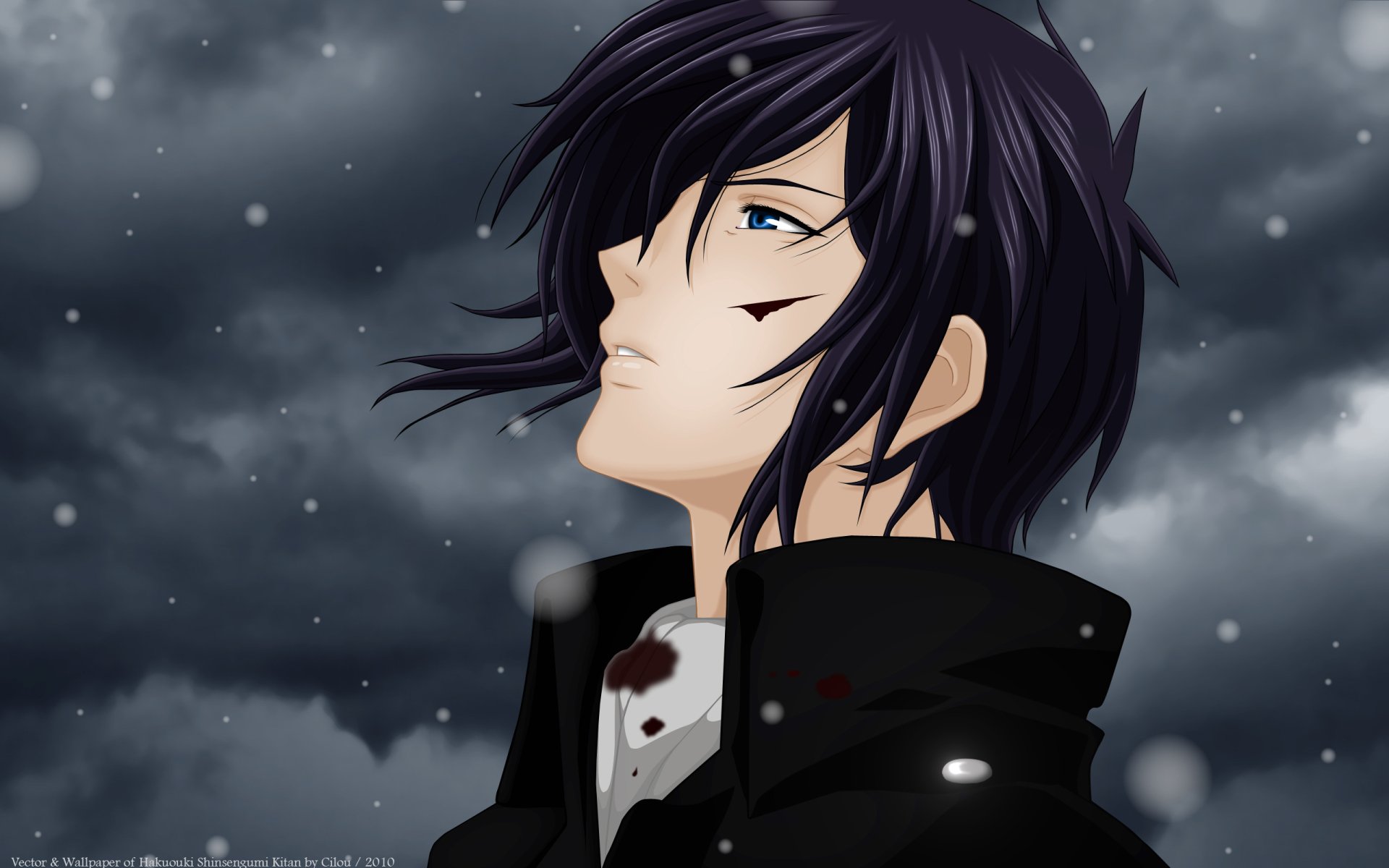 HD anime desktop wallpaper featuring a contemplative character from Hakuouki Shinsengumi Kitan against a snowy, moody sky background.