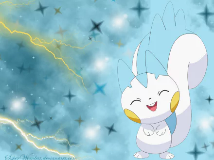 A vibrant HD desktop wallpaper featuring Pachirisu from Pokémon, with a cheerful expression against a dynamic blue background adorned with stars and lightning.