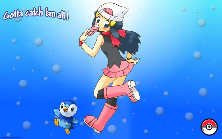 Anime-style HD wallpaper featuring Dawn from Pokémon with her companion Piplup against a vibrant blue background, alongside the slogan Gotta catch ’em all!