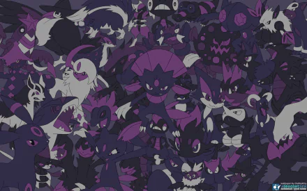 HD PC desktop wallpaper featuring a dark-themed collage of various Ghost-type Pokémon from the anime series Pokémon.
