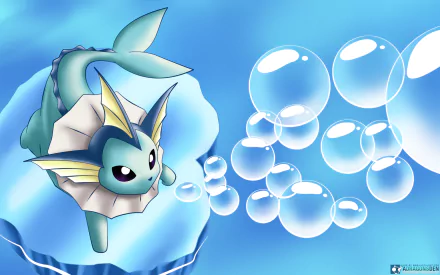 A vibrant HD wallpaper featuring Vaporeon from Pokémon, the aquatic anime character surrounded by bubbles against a soothing blue background.