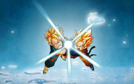 Goten and Trunks from Dragon Ball Z come together in an intense energy blast scene, set against a vibrant blue background, creating an exciting anime wallpaper.