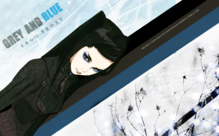 HD PC desktop wallpaper featuring a stylized anime character from Ergo Proxy in a grey and blue color palette with abstract floral and geometric elements.