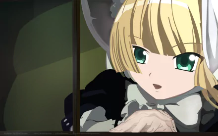 Gosick anime HD PC desktop wallpaper showing a blonde, green-eyed girl in a Victorian bonnet and black dress peering through window bars, her hand resting on the sill.