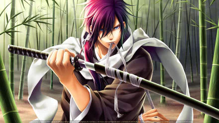 A striking HD wallpaper from Hakuouki Shinsengumi Kitan, featuring a character with vibrant purple hair wielding a katana against a bamboo backdrop.