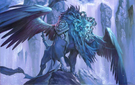 A majestic winged creature stands on a rock, featuring a lion's body and a human-like face, set against a mystical background inspired by Magic: The Gathering.